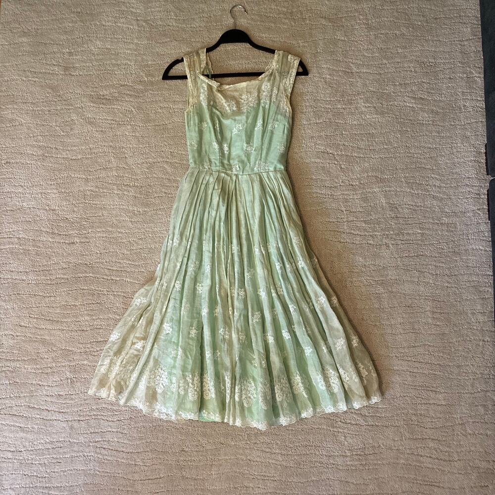 Vintage 50s XS Mint Green Lace Chiffon Fit Flare Cocktail Dress Rockabilly